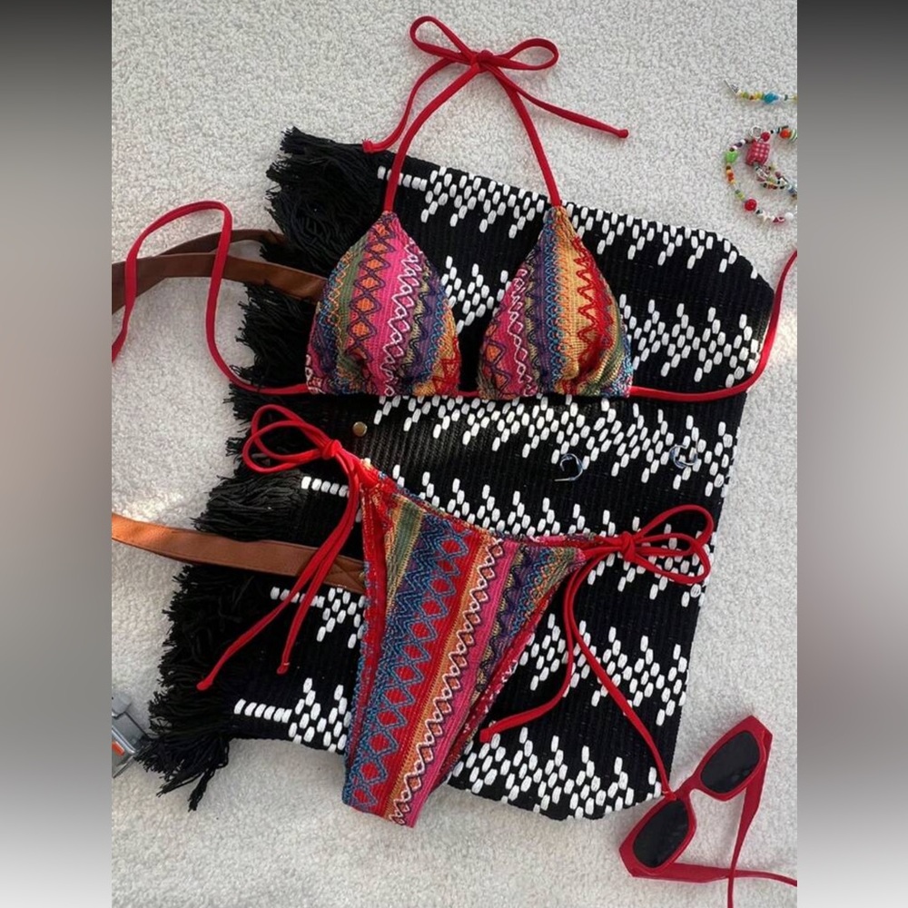 NWOT Rainbow Colorful Knitted Patterned Bikini Set